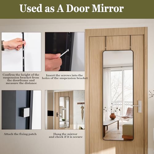 Image of BEAUTYPEAK Over The Door Mirror Full Length 14 inch x 48 inch, Shatterproof Tempered Glass and Aluminum Alloy Frame, No-Drilling Hanging or Wall Mount, Full Body Mirror for Bedroom, Dorm, Black