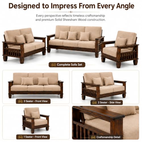 Image of Furniture Solid Sheesham 6 Seater Wooden Sofa for Living Room with Cushion|Solid Wood Six Seater 6-Person Sofa Set /Couch 3+2+1 for Bedroom,Home,Office & Lounge|Brown Finish