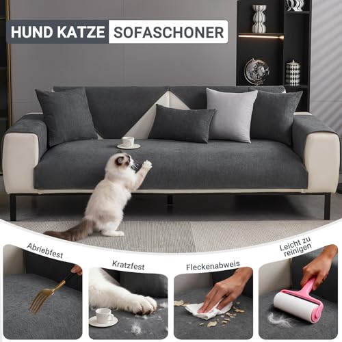 CJJZFO Sofa Überzug Weiche Chenille Sofabezug: Hund Katze Sofaschoner Anti Rutsch Vintage Couch Überzug für U Form L Form Sektionssofa für 1 2 3 4 Sitzer Sofa (Dunkelgrau, 90 * 210cm)