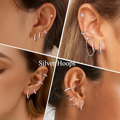 3 Pairs 925 Sterling Silver Hoop Earrings for Women Men Lightweight Small Helix Cartilage Hinged Hoop Earrings 18K White Gold Plated Huggie Hoop Earrings Set 6mm 8mm 10mm 12mm3
