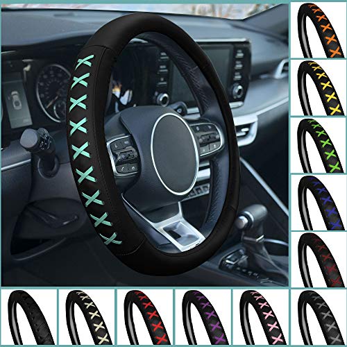 Image of FH Group Universal Fit 15 Inch Genuine Leather with Lace-Up Detailing Steering Wheel Cover fits Most Cars, SUVs Black