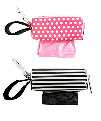 Oh Baby Bags Diaper Bag Clip-On Dispensers with Disposable Bags for Dirty Diapers and Other Messes -Set of 2 - Pink Dots and Black and White Stripe