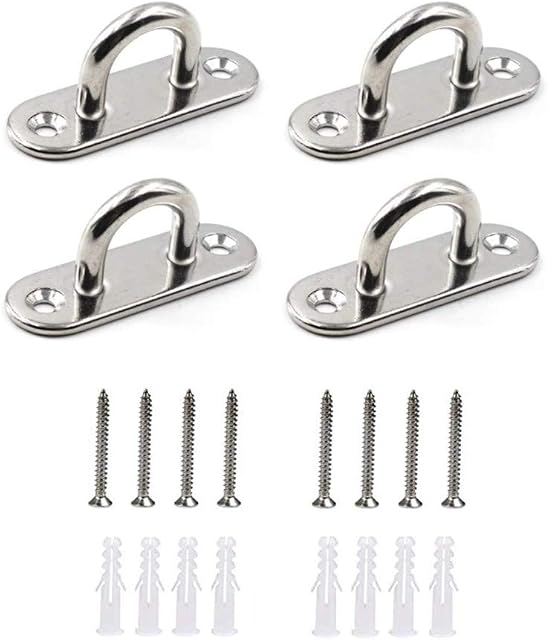 HOMPER 4Pcs M6 304 Stainless Steel Oblong Pad Eye Plate, Marine Hardware Staple Hook Loop With 12 Screws and Plastic Plugs