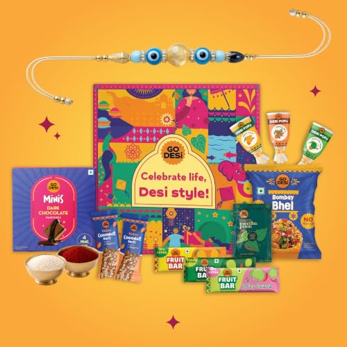 Image of GO DESi Rakhi Set For Brother - 18 Items | Fun Gift Box | Evil Eye Stone Rakhi by Japam | Dark Choco Kaju Katli | Roli Chawal Set | Desi Popz | Coconut Barfi | Fruti Twist | Rakhi For Brother| Gifts for Raksha Bandhan | Raksha Bandhan Gift Hamper