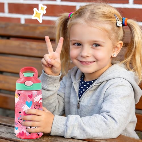 Image of 14oz Coquette Heart Water Bottle with Straw - Hand-Drawn Graffiti Love Hearts, Lightweight Leakproof Pink Plastic Cup for Girls Teens, School & Travel, Sweet Cool Aesthetic, Birthday Valentine Gift