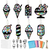 CJiangpo 24 Sets Summer Ice Cream Suncatcher Paper Craft Kits, DIY Stained Glass Effect Window Ornament Rainbow Tissue Paper Art Craft for Kids Classroom Activities Supplies Summer Party Decor Favor