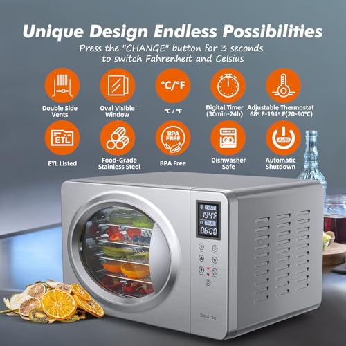 Silver Retro Food Dehydrator- 6 Stainless Steel Trays, 190℉ Max Digital Temperature Control, Built-in Light, 500W Efficient Drying Machine for Beef Jerky Fruit Mushroom& Yogurt