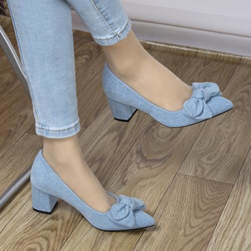 Women's Comfortable Low Block Denim Pumps with Bow 2.3 Inch Closed Pointed Toe Slip On Heels Ladies Casual Party Office Daily Dressy Cute Pump Shoes4