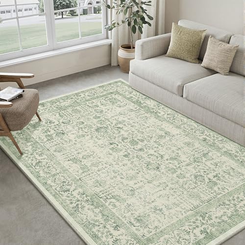 Sage Green Area Rug 5x7 Living Room Washable Carpet Vintage Distressed Non Slip Kitchen Carpet Neutral Low Pile Retro Floral Farmhouse Throw Rug for Home Office Bedroom Laundry Dining Room