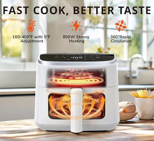 Image of Air Fryer 4QT with Clear Window, Multiple Operation Airfryer Non-Stick Basket Dishwasher Safe, Square Airfryer, Air Fry, Roast, Reheat, Dehydrate, Bake, Steam, 400F Rapid Air Crispy Technology, White