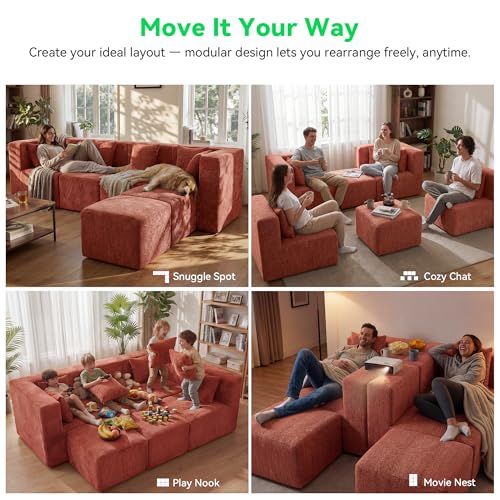 Image of MONVANE 130'' Oversized Boneless Sectional Couches for Living Room, 6-Seat U Shaped Cloud Couch, Modular Sofa with Ottoman & 6 Throw Pillows, Comfy Chenille, No Assembly Required, Red