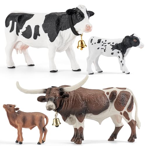 THINKBAY 4PCS Cows Bulls Longhorn Farm Animal Figurines Toys for Kids, Plastic Cow Farm Animals Figures for Boys Girls Include White Holstein & Texas...