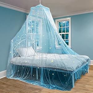 Blue Bed Canopy with Glowing Stars for Girls and Boys, Kids Room Decor, Ceiling Net to Cover Toddler Crib | Bed Curtains…
