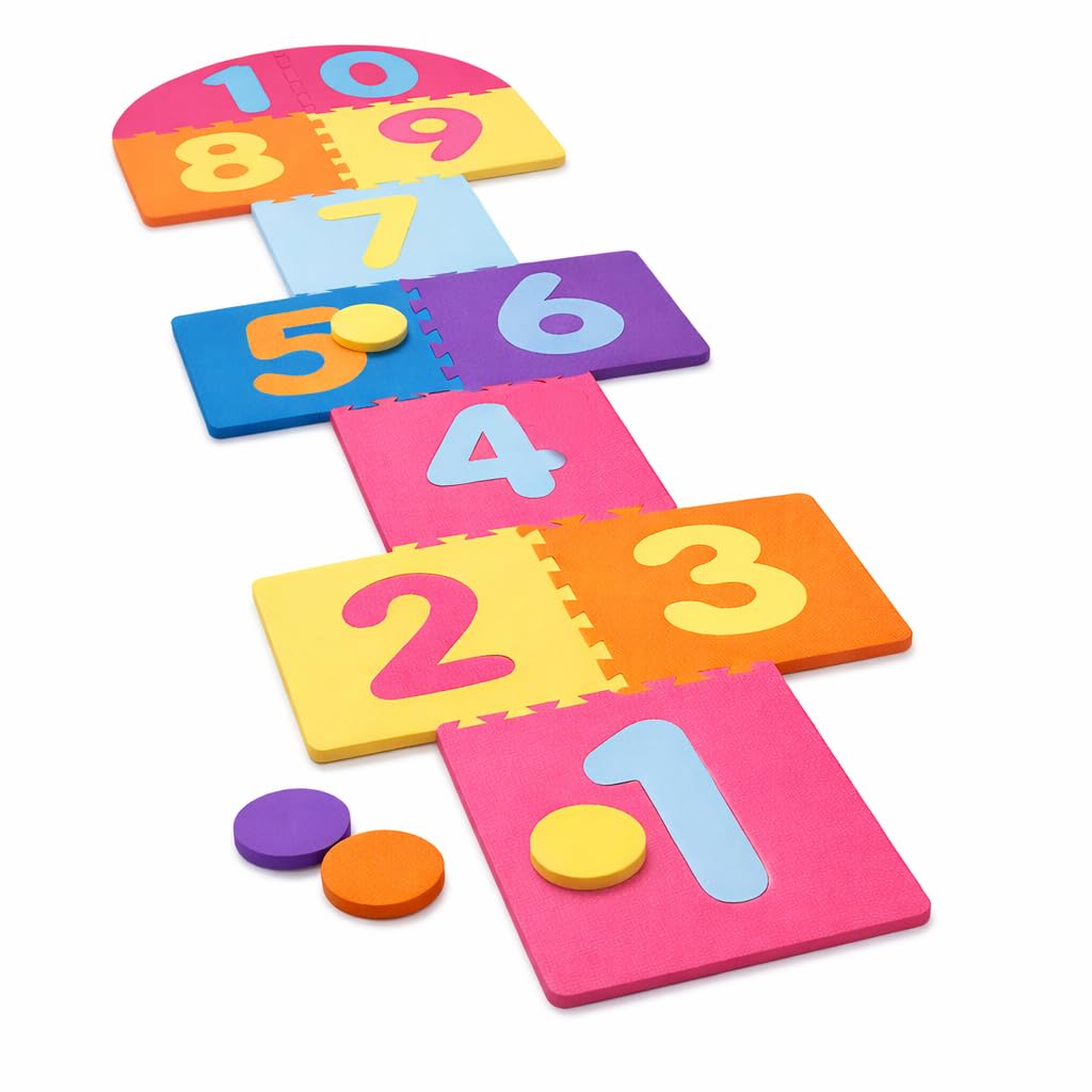 Jeu de marelle pour enfants – Tapis géant en mousse EVA – Ensemble de jeu de jardin intérieur et extérieur – 10 carreaux de chiffres emboîtables avec 4 palets – Jeu de fête familial rembourré doux