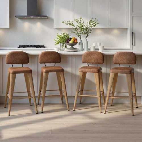 Aesawela Counter Height Bar Stools Set of 4, Bar Stool with Soft Cushion Low Backrest Modern Barstools for Kitchen Island or Bar, Walnut, 26 Inch