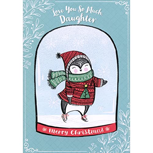 Designer Greetings Ice Skating Penguin in Sparkling Snow Globe on Light Blue Juvenile Christmas Card for Pre-Teen Daughter