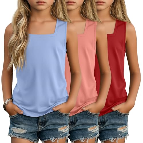 Image of 3 Pack Girls Square Neck Tank Tops | Basic, Sleeveless T-Shirts, Casual Summer Tanks, Kids Undershirts, School, Size 5-14 Years, Comfy, Elasticity