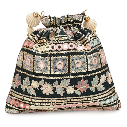 Image of LONGING TO BUY Indian Embroidered Pearl Potli Bag For Women, Sequence Design with Tassel, Wedding Potli Bags