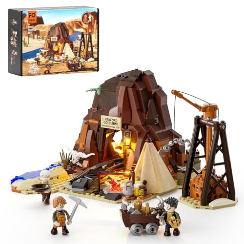FUNWHOLE Wild West Gold Mine Lighting Building-Bricks Set - Western Prospector’s Dig Entrance 658 Pcs Mining Playset for Adults and West Lovers