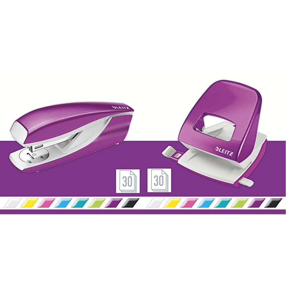 Leitz Büro Locher + Heftgerät, Für 30 Blatt, Anschlagschiene mit Formatvorgaben, Tacker mit 200 Heftklammern, Ergonomisches Design, Violett, WOW-Serie, 50081062 + 55021062