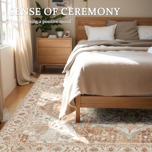 Deerly Large Washable Living Room Rugs 9x12 Boho Vintage Area Rug Indoor Bedroom Carpet with Non Slip Rubber Backing for Under Dining Table Office Farmhouse, Caramel/Beige/Multi