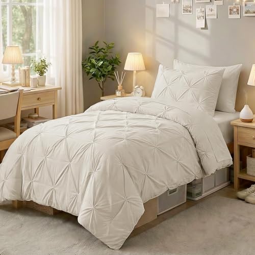 Sasttie Twin Comforter Set 5-Piece Bed in a Bag Pintuck Bedding Sets for All Season Includes Comforter Flat Sheet Fitted Sheet Pillowcase and Pillowsham Beige