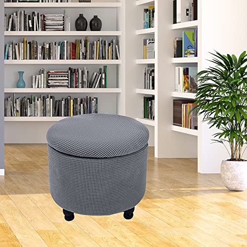 XMNTG Stretch Ottoman Slipcover Grey Folding Storage Foot Stool Cover Soft Thick Jacquard Fabric Round Slipcover Removable Washable Furniture Protector with Elastic Bottom for Living Room (Grey)