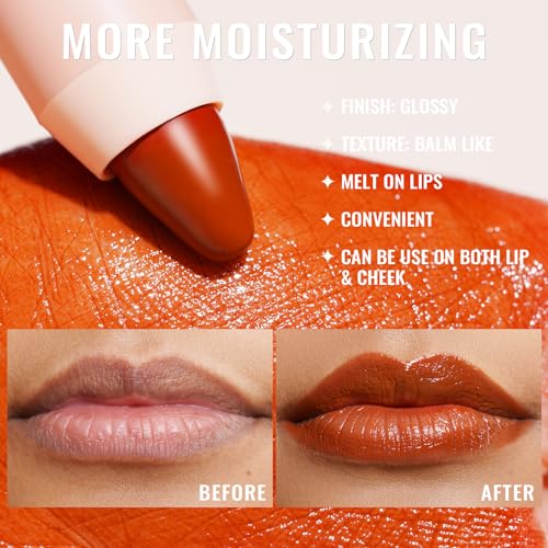Oulac Orange Lipstick - Moisturizing Lipstick Tinted Lip Balm for Dry Lips Rust Red Lip Crayon & Blush - Lip Colour and Cheeks Makeup - Image 4