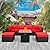 Lviden 7 Pieces Outdoor PE Wicker Furniture Set Patio Rattan Sectional Conversation Sofa Set with Red Cushions and Fire Pit Table