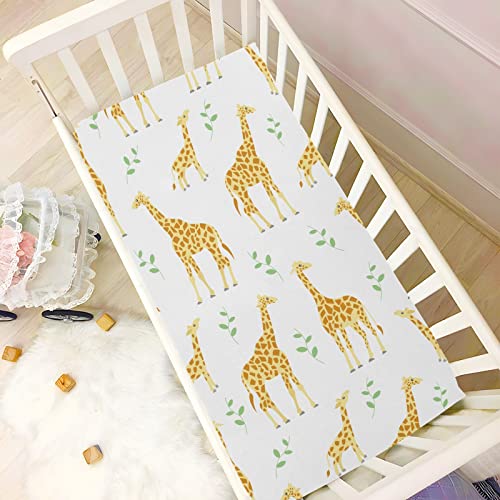 Image of Fitted Crib Sheets Cute Yellow Giraffe Stretchy Portable Playard Sheets for Baby Toddler, Breathable Soft Mini Crib Mattress 39 x 27 in for Boys and Girls