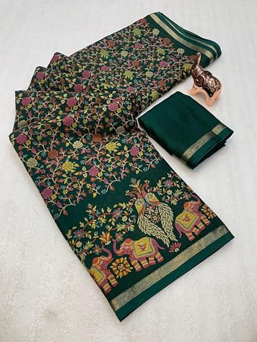Image of Kalamkari Floral Prints Dola Silk Saree With Rich Zari Border Designer Pallu Attach Blouse Piece