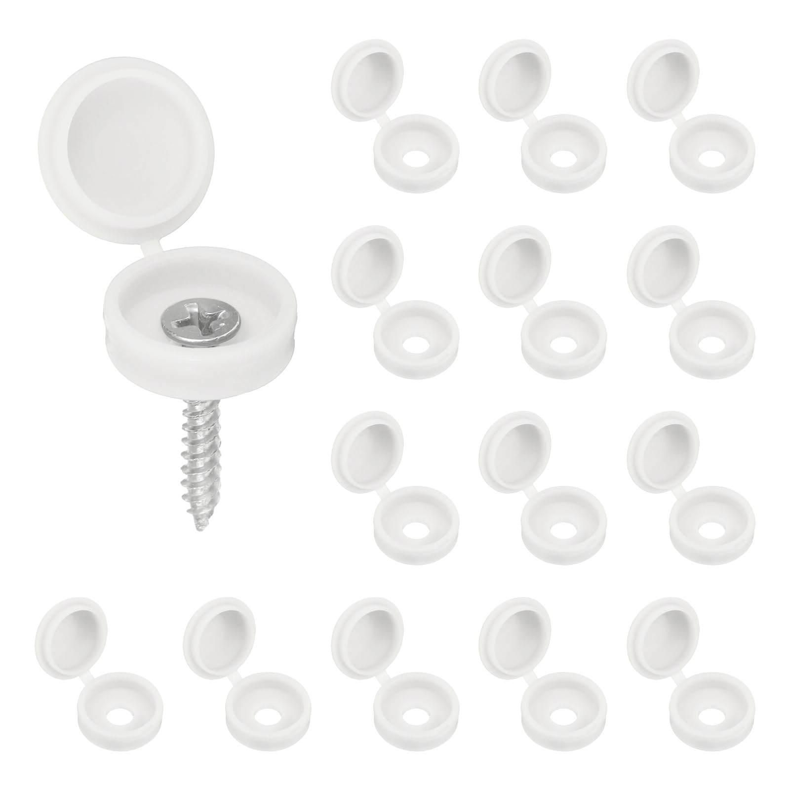 sourcing map 200pcs Plastic Hinged Screw Cover Caps 5.7mm / 0.22" Shutter Screw Caps Fold Snap Washer Covers for Windows Outside Railings Furniture, White