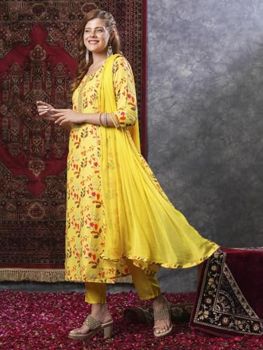 Image of GoSriKi Women's Cotton Blend Printed Straight Kurta and Pant with Dupatta Set