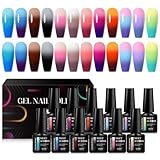 MEET ACROSS Color Changing Gel Nail Polish, 12 Colors Pink Blue Purple Orange Neon Mood Temperature Change Gel Polish Set Soak Off DIY Home Nail Art Gift For Girsl