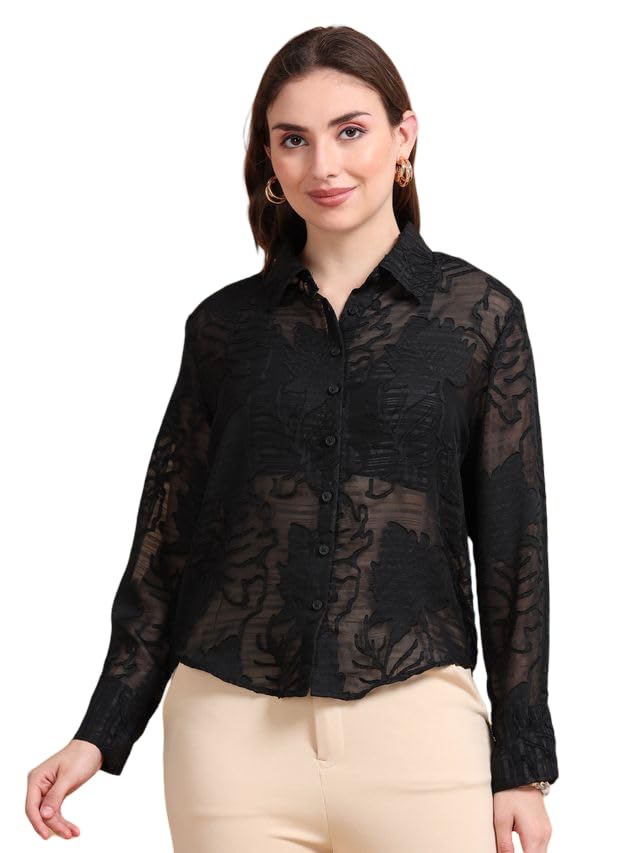 Image of Glam & Chique Women's Sheer Textured Button-Down Shirt XS-2XL