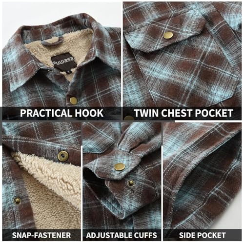 Image of Men's Sherpa Cotton Flannel Shirt Jacket Plaid Button Coat Pocket