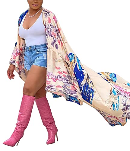 Floral Kimonos for Women Casual Open Front Stain Long Kimono Robes Cardigan Cover Up Plus Size Blue Flower - Thumbnail 2