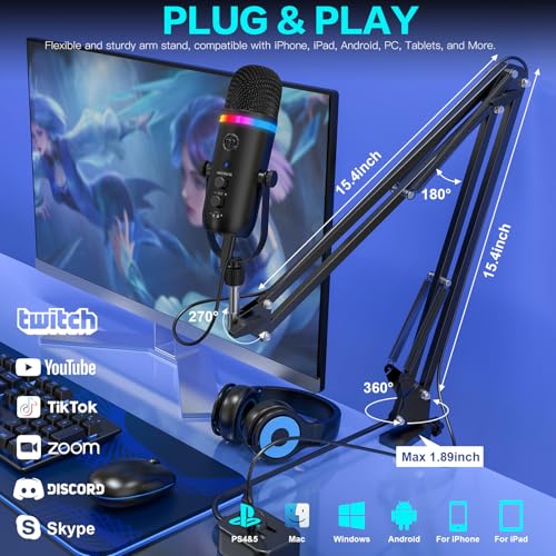 Image of zealsound Gaming Condenser Microphone for Streaming & Recording, USB Podcast Mic with RGB Lights, Mute & Gain, Monitoring, Boom Arm & Pop Filter, Studio Mic for PC, Mac, iPhone, YouTube, TikTok