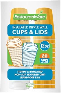 12 oz Yellow Paper Ripple Wall Coffee Cup - with White Lid - 3 1/2" x 3 1/2" x 5" - 20 Count Box