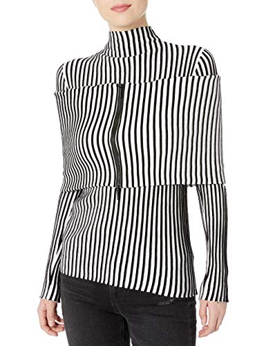 Kenneth Cole Women's Cold Elbow Stripe Sweater with Zip Shrug, Black/White, M
