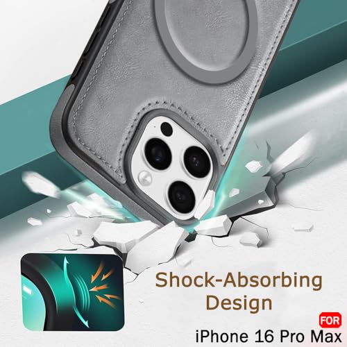 Image of TheGiftKart Genuine Leather Finish Back Cover Case for iPhone 16 Pro Max | Shockproof Design | Raised Edges for Camera & Screen Protection | Stunning Minimalist Design Case (MagSafe Compatible, Grey)