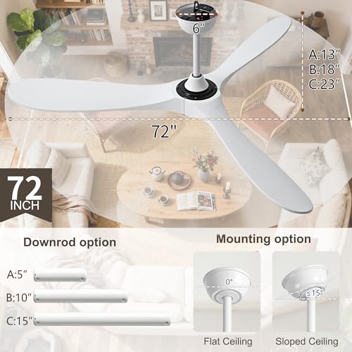 Image of 72 inch White Ceiling Fan with Light and Remote, Large Modern Outdoor Ceiling Fans with Lights for Patios Porch Indoor Living Room Bedroom Wood 3 Blade Propeller High CFM Damp Rated Fan