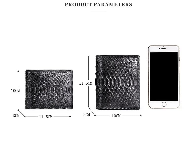 Authentic Real True Leather Male Serpentine Card Holders Men Short Black Bifold Wallet Genuine Exotic Leather Small Clutch Purse (Black 1)2