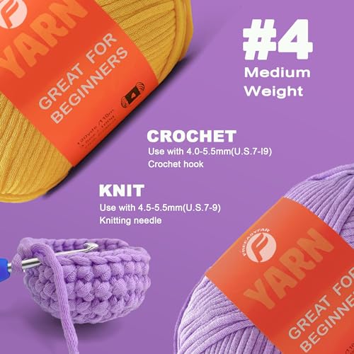 Image of 2 x 3.5Oz /120yds Beginner Easy Yarn for Crocheting and Knitting;Worsted-Weight Medium #4;Cotton Blend Yarn for Beginners Amigurumi DIY (Yellow+Purple)