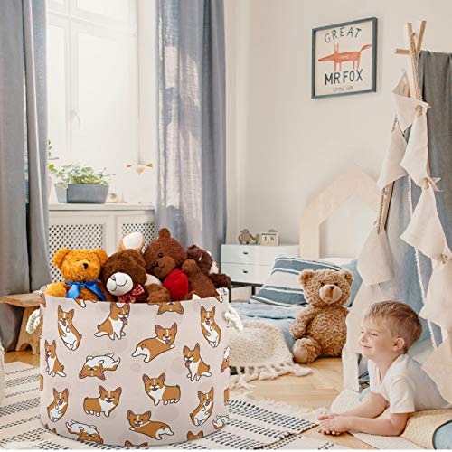 Image of visesunny Storage Basket Corgi Dog Cartoon Animal Nursery Hamper Canvas Fabric Toy Storage Organizer Bin Waterproof Storage Box Laundry Basket for Kid Rooms,Playroom,Shelves,Toy Basket,Gift Basket