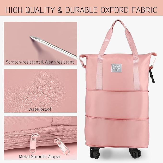 Image of HAKKU 2 Layer Expandable Duffle Bags /68cm Nylon Convertible Travel Luggage with Wheels /Waterproof Traveling Bag for Clothes and Extendable Duffle Luggages for Men and Women (2 Layer With Wheel, Peach)