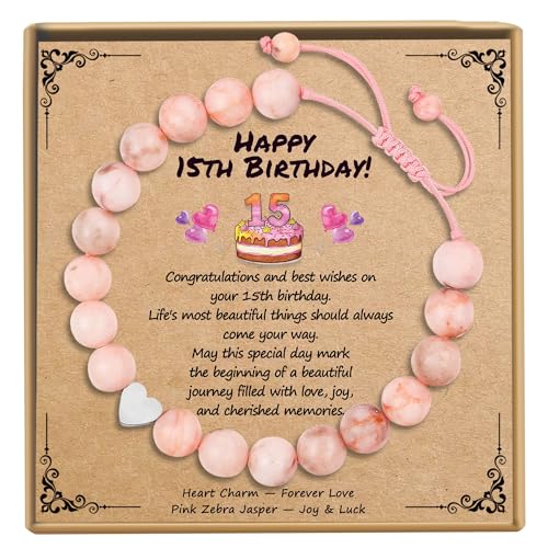 Sereney 15 Year Old Girl Gift Heart Pink Beaded Bracelets as Quinceanera Gifts Adjustable Bracelet as 15 Year Old Girl Birthday Gifts 15th Birthday Decorations for Girls Daughter Granddaughter Niece