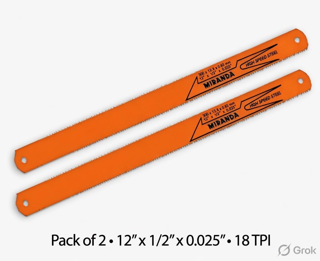 MIRANDA High Speed Steel Hand Hacksaw Blade 12 inch x 1/2 inch x 0.025 inch 18 TPI Orange Pack of 2 for Metal and Plastic Cutting 2