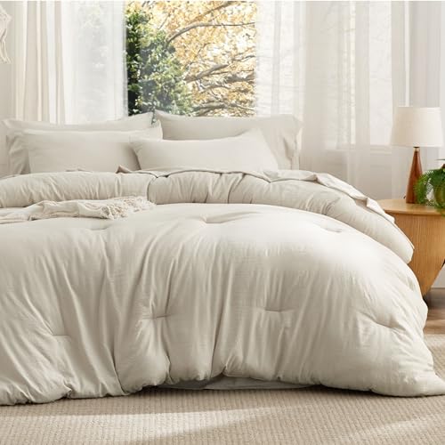 Image of Bedsure Beige Bed Set Queen Size, Soft Bed in a Bag 7 Pieces, Alternative Comforter Set for All Seasons, Breathable Marshmallow Prewashed Bedding Set with Comforters, Sheets, Pillowcases & Shams