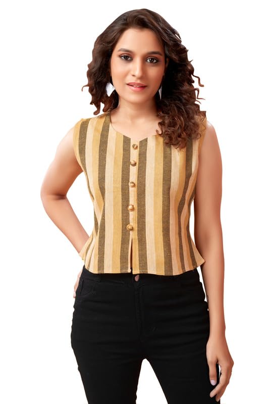 Glomee Women’s Casual Striped Pure Cotton Top with Potli Buttons Casual Sleeveless Printed Top for Women and Girls